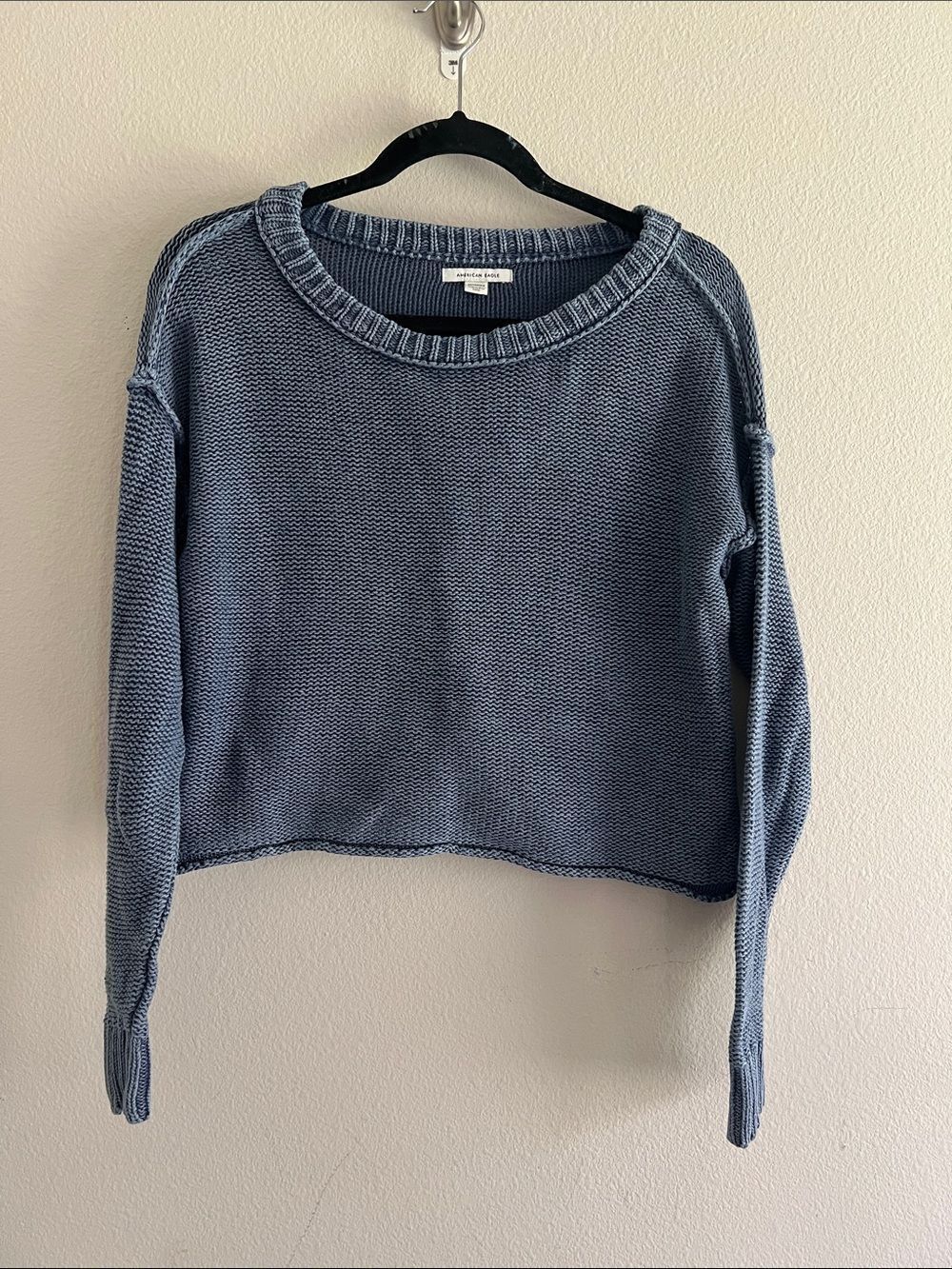 American Eagle Blue Cropped Knit Sweater Women’s XS Crew Neck Long Sleeve